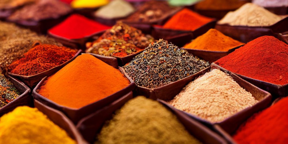 Piles of spices on display in Morocco, at a Medina souk, Marrakech, Incredible, vibrant colours